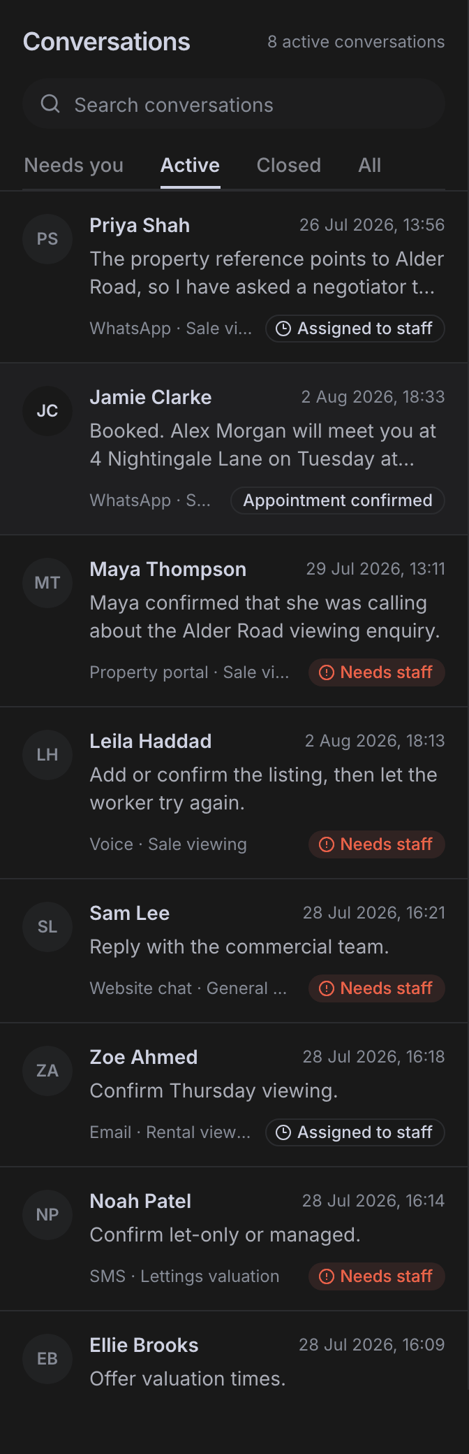 Sortx conversation worklist combining WhatsApp, property portal, voice, website, email and SMS enquiries