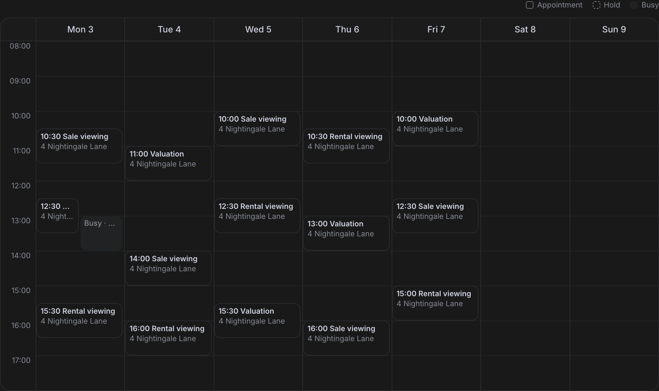 Sortx weekly diary showing viewings, valuations, a live hold and connected-calendar busy time